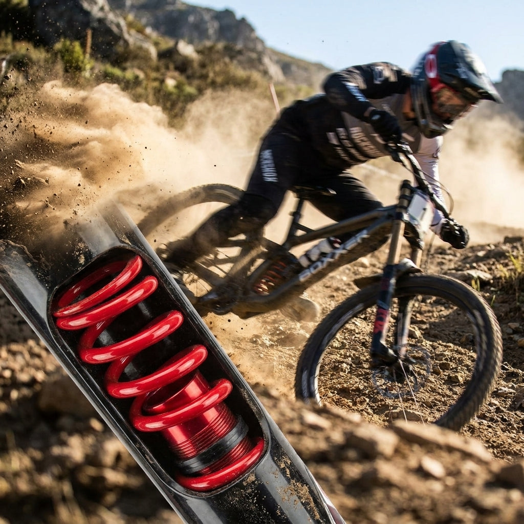 Rote RockShox BOXXER Coil Stahlfeder für Downhill-Gabel, detailreich im Einsatz bei Mountainbiker auf Trail.