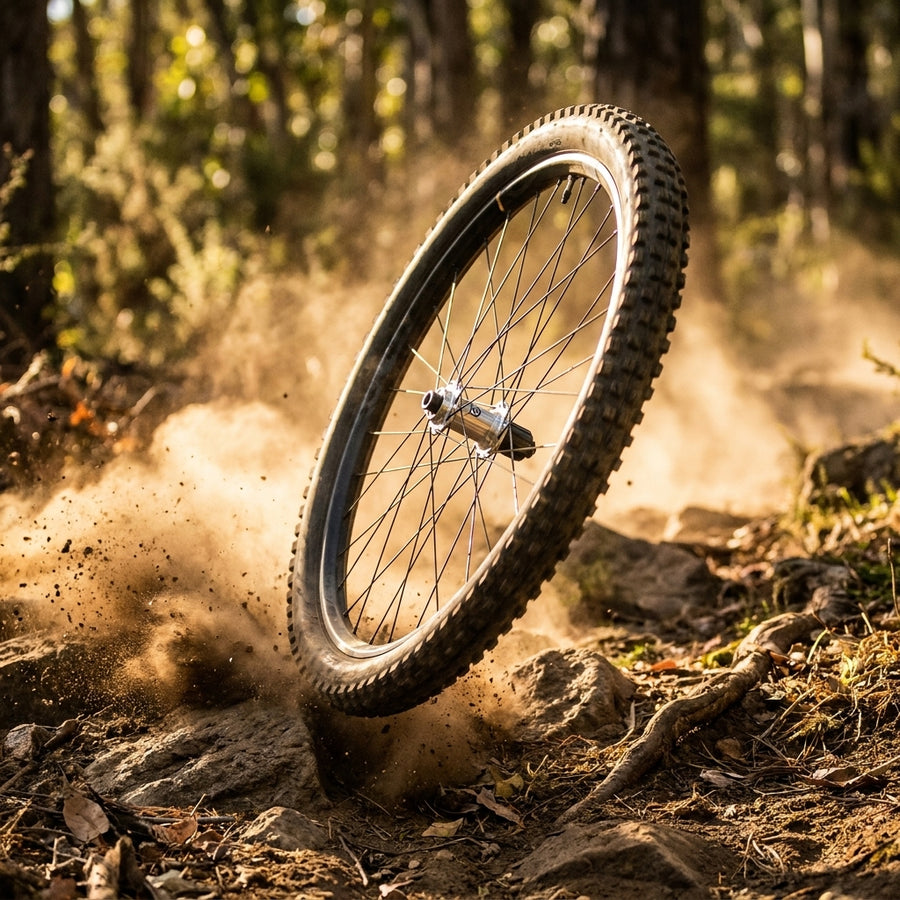 Crankbrothers Synthesis Aluminium Enduro VR Laufrad 27.5 Zoll in dynamischer Fahrt auf staubigem Trail.