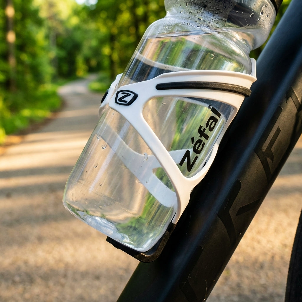 Zefal Trinkflaschenhalter Pulse B2 weiß mit Wasserflasche am Fahrrad auf Waldweg.