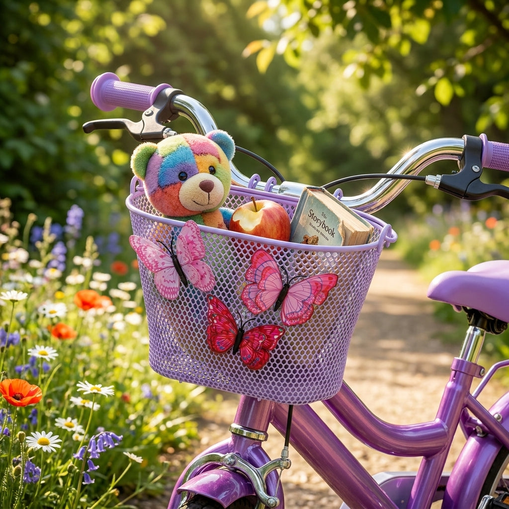 Basil Jasmin Kinder-Fahrradkorb lila, abnehmbarer Stahl-Lenkerkorb mit Blumen-Design auf lila Kinderfahrrad.