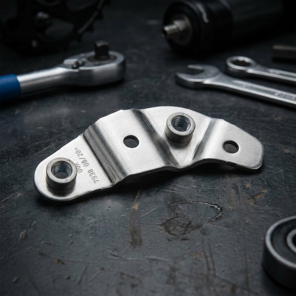 Bosch Montageplatte BDU37YY, lang rechts, stabile Halterung für Bosch-Antriebe, auf Werkbank mit Werkzeug.