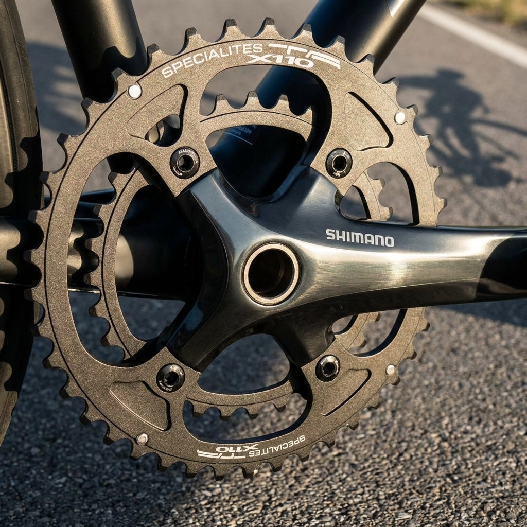 TA Specialites X110 Fahrrad Kettenblatt 38Z anthrazit, 11-fach, auf Shimano Kurbel.