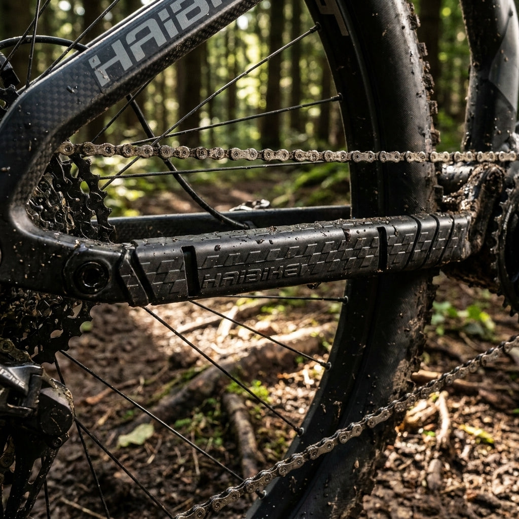 Schwarzer HAIBIKE Kettenstrebenschutz aus Gummi an schlammigem Mountainbike im Wald.