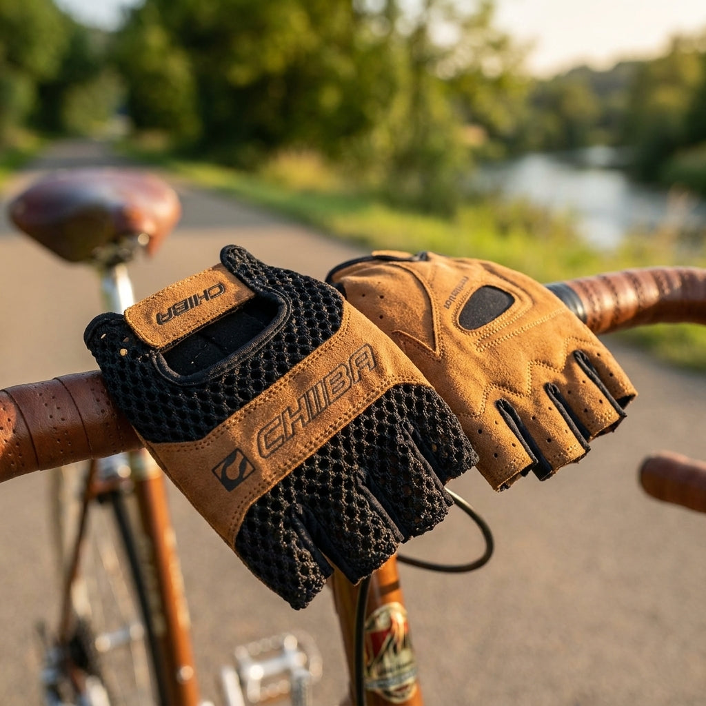CHIBA Retro Radhandschuhe XL schwarz/braun, gehäkelte Oberhand, gepolstert auf Fahrradlenker.