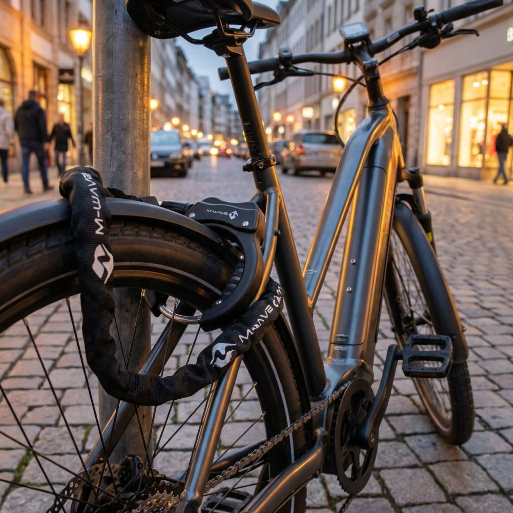 M-Wave Rahmenschloss Ringchain XL schwarz mit Kette sichert E-Bike am Poller auf Kopfsteinpflaster.