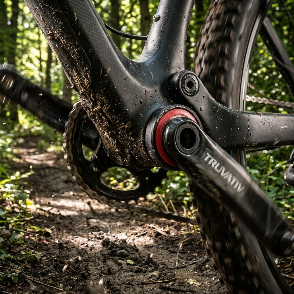 Nahaufnahme des schlammigen Truvativ Pressfit GXP BB92 MTB Innenlagers und der Kurbel an einem Mountainbike auf einem Waldweg