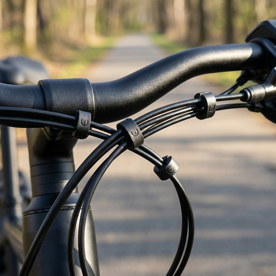 Westphal Lenkerklammer Clampsy hält Fahrradkabel sauber am Lenker auf Waldweg.