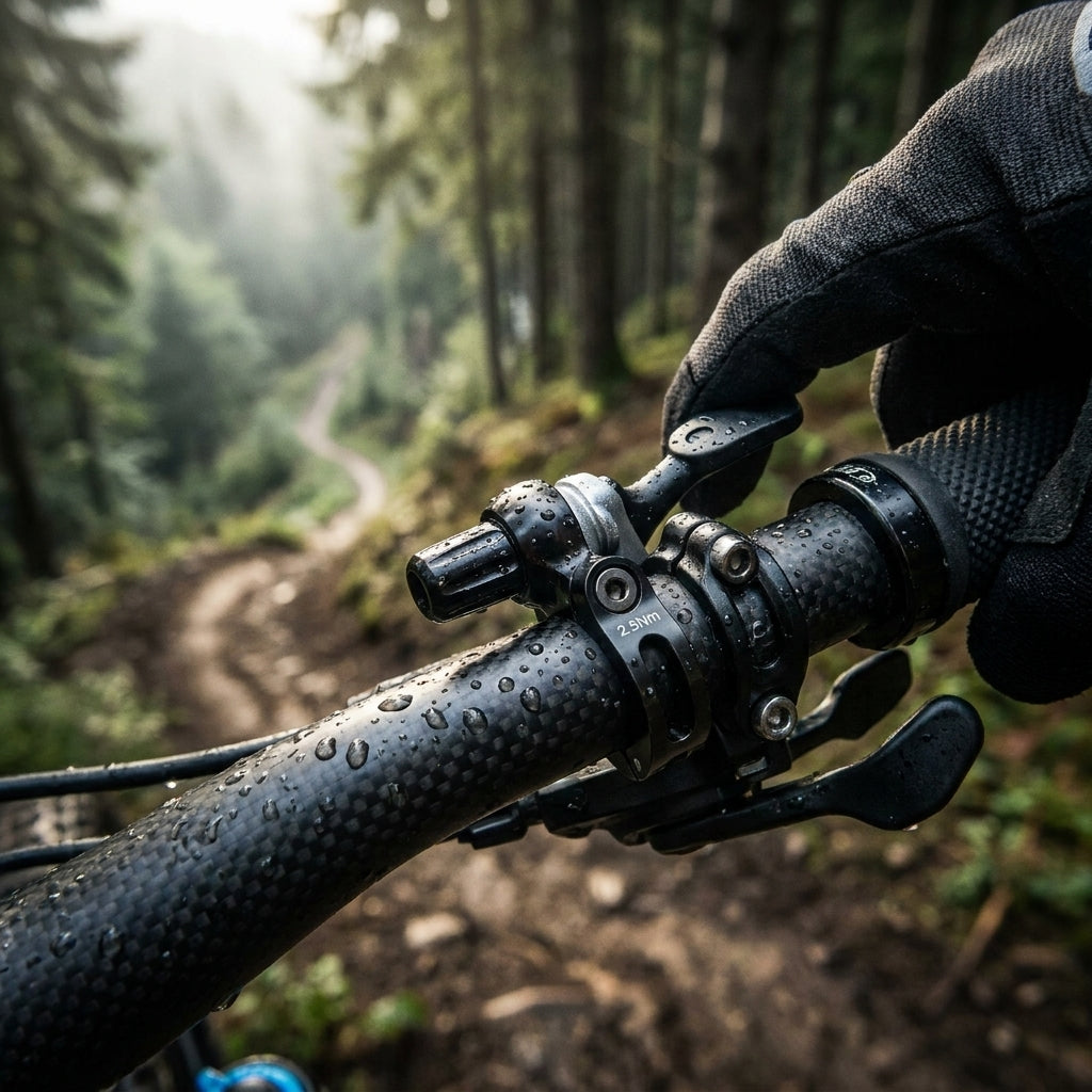 Mountainbiker betätigt Crankbrothers Highline Remote Kit 22.2mm am Lenker im feuchten Wald auf einem Trail.