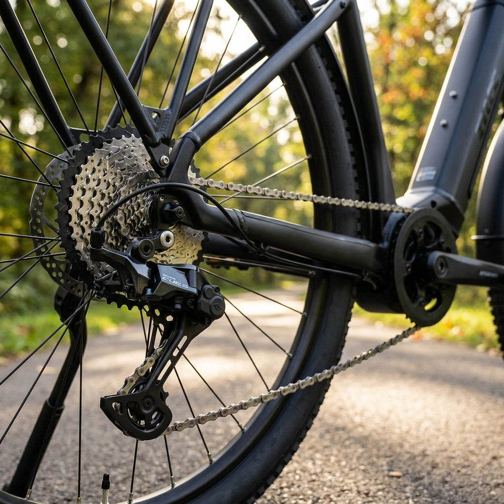 Schwarzes E-Bike mit SHIMANO CUES RD-U8000 11-fach Schaltwerk, Kassette und Kette auf Waldweg.