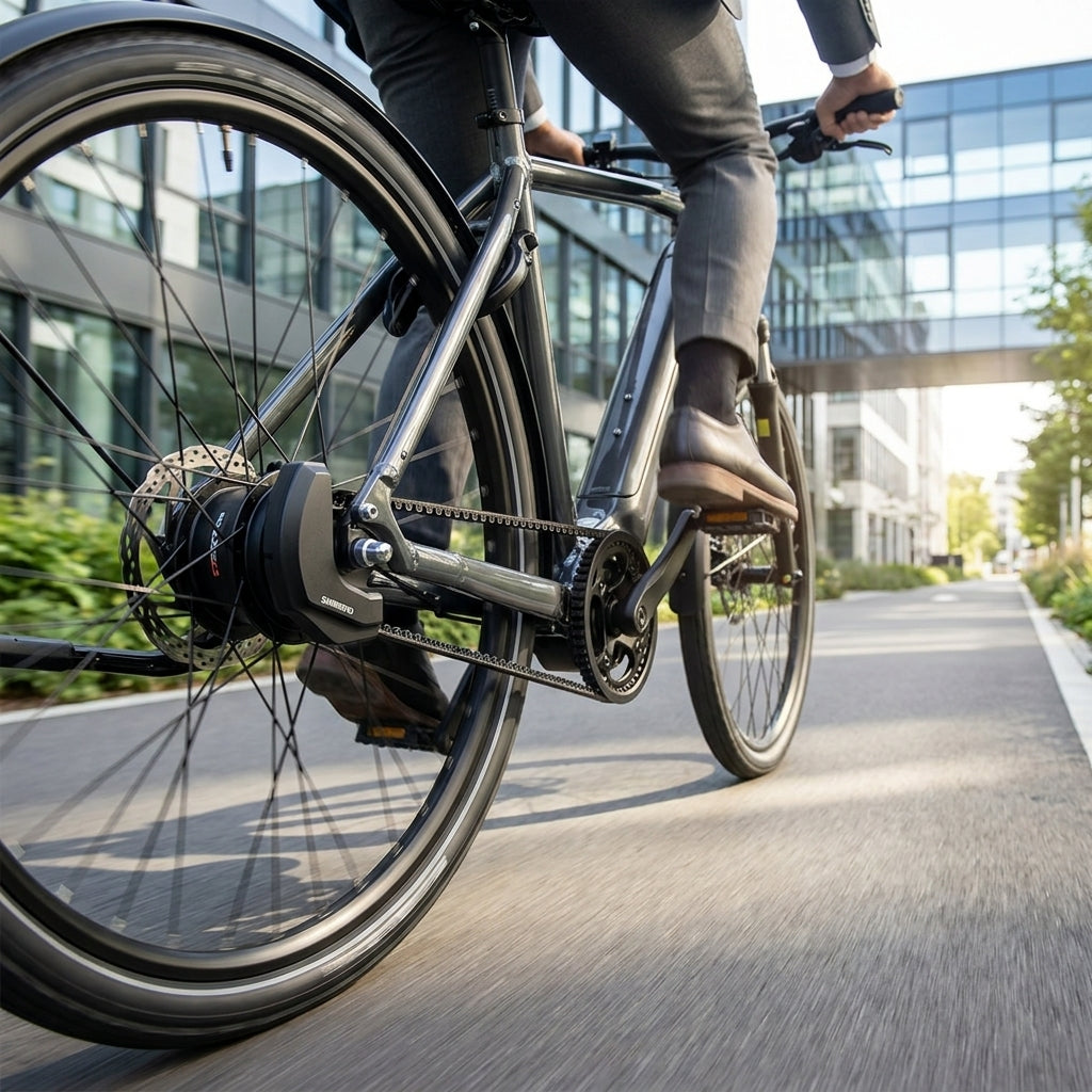 SHIMANO Motoreinheit NEXUS 5-fach Di2 am E-Bike mit Riemenantrieb, Pendler fährt in urbaner Umgebung.
