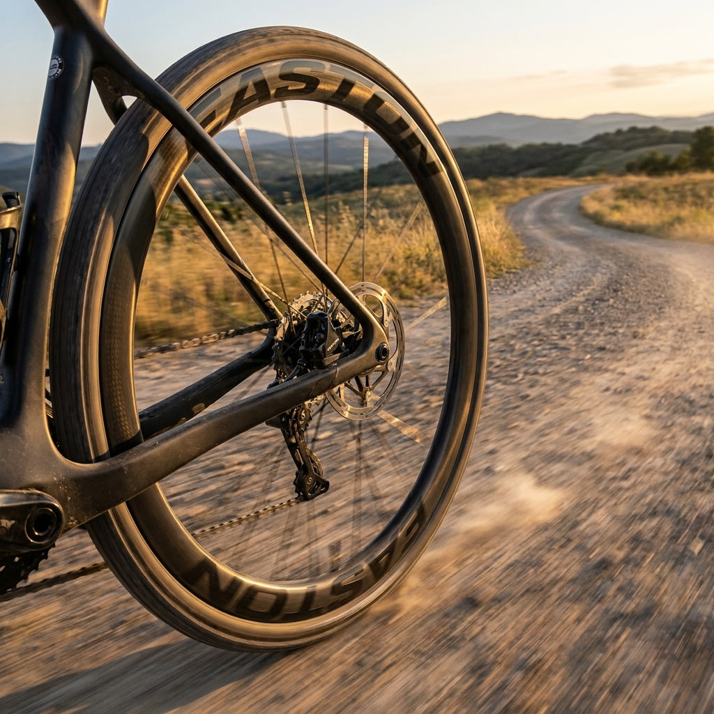 Easton EC90 ALX Carbon Hinterrad mit Scheibenbremse auf Schotterweg bei Sonnenuntergang.