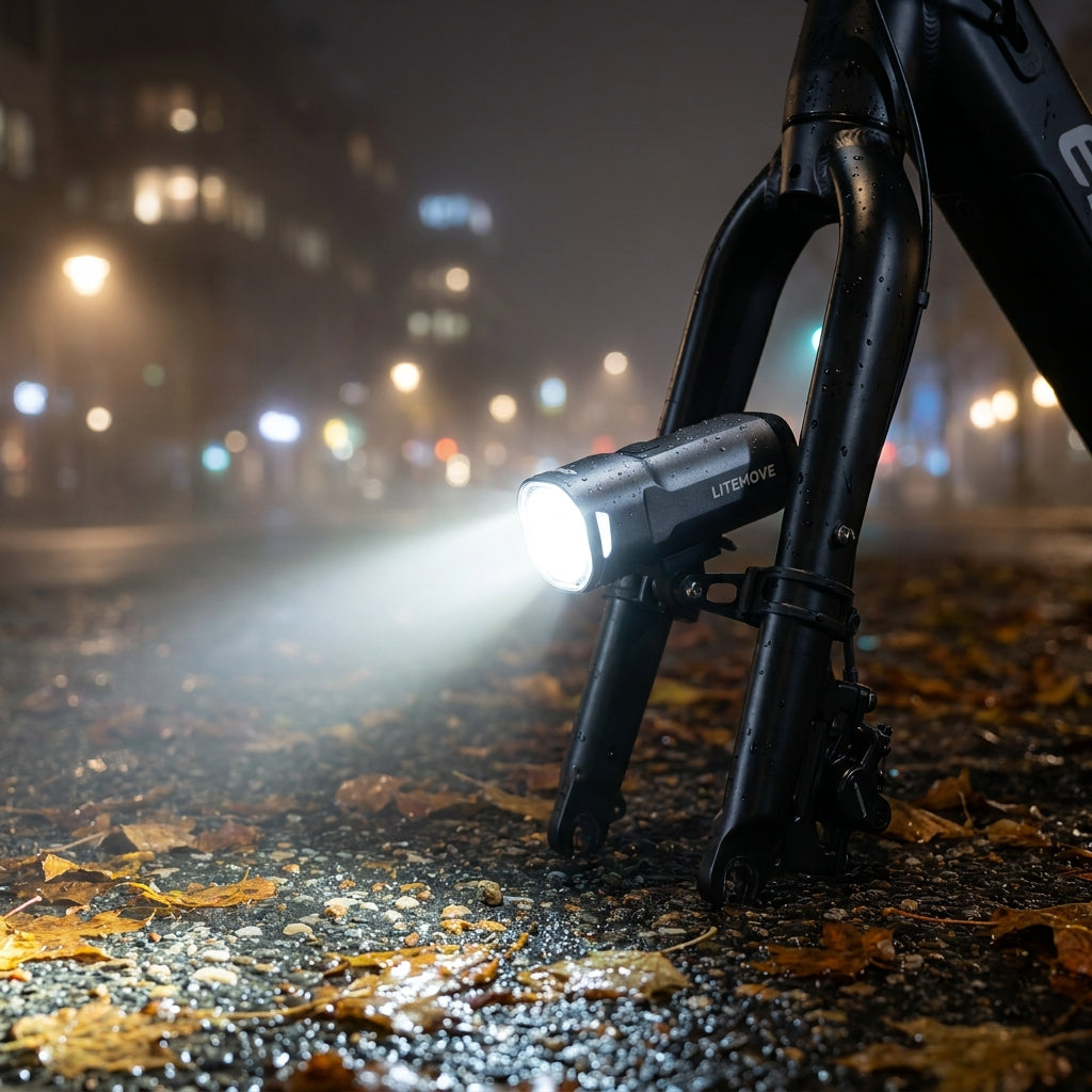 Litemove SEC-150 E-Bike Frontlicht mit 150 Lux. Heller LED-Scheinwerfer für sichere Fahrten, Gabelhalterung, moderne MTi-Linse.