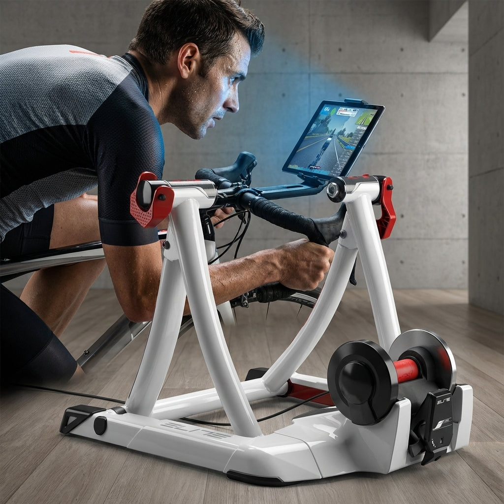 Radfahrer trainiert auf ELITE Qubo Power Smart B+ Rollentrainer. Bluetooth Heimtrainer für 20-29 Zoll mit Tablet.