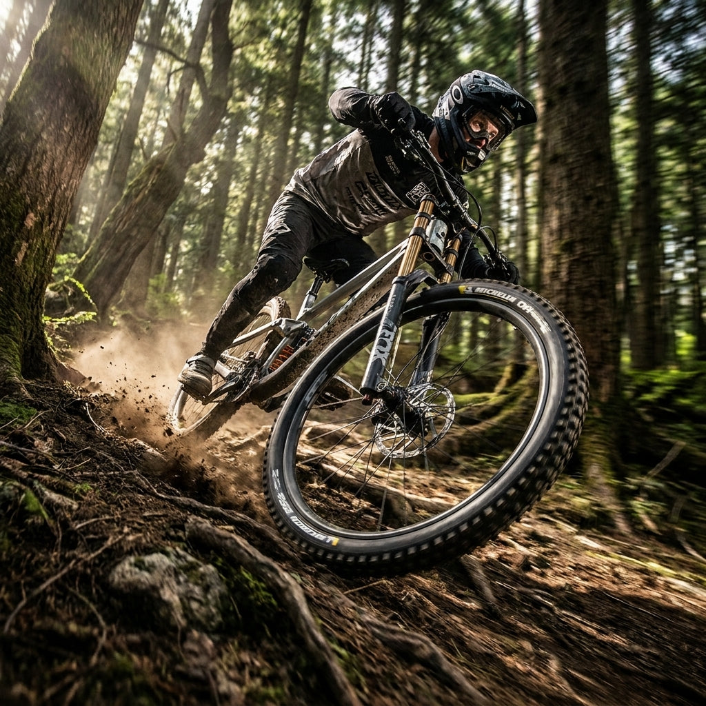 Michelin Faltreifen DH16 Racing Line Magi-X Schwarz, mit schnellem Downhill-Grip am Mountainbike in Aktion.