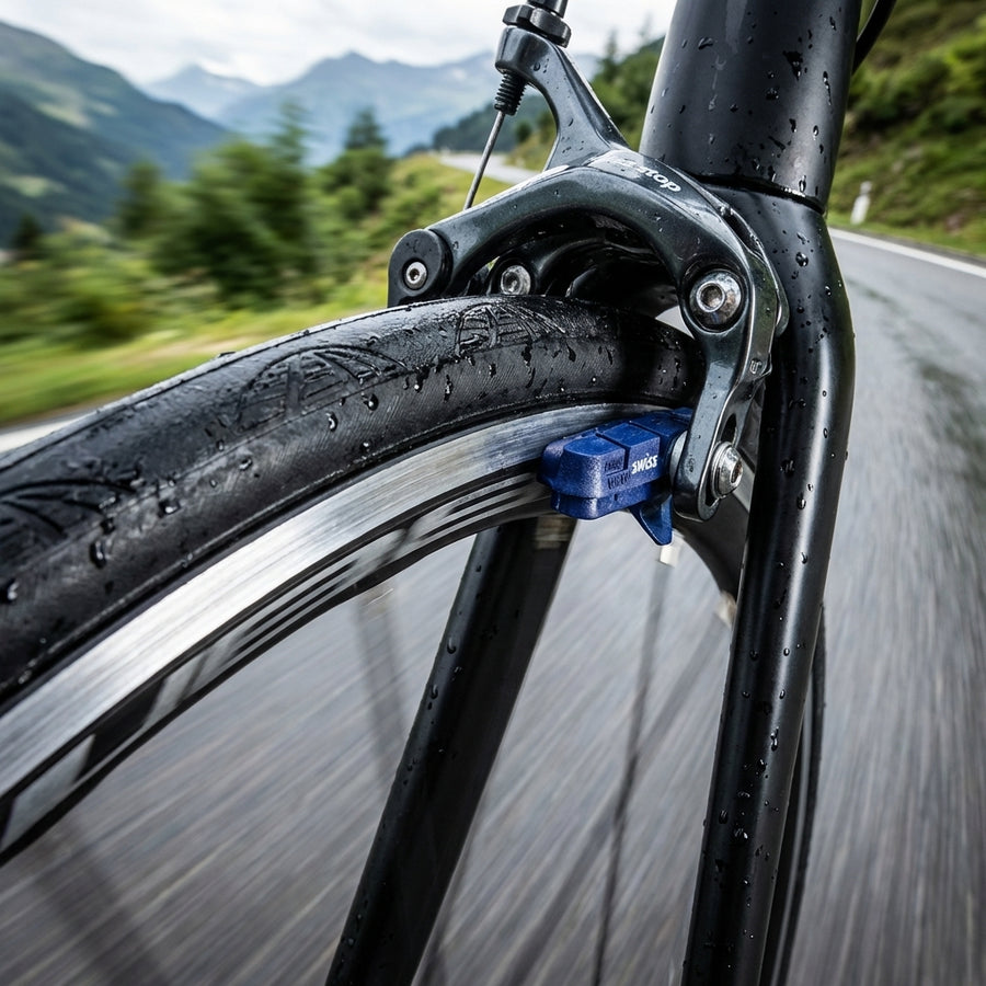 SwissStop FlashPro BXP blaue Bremsbeläge am Rennrad, höchste Bremskraft auf nasser Alufelge.