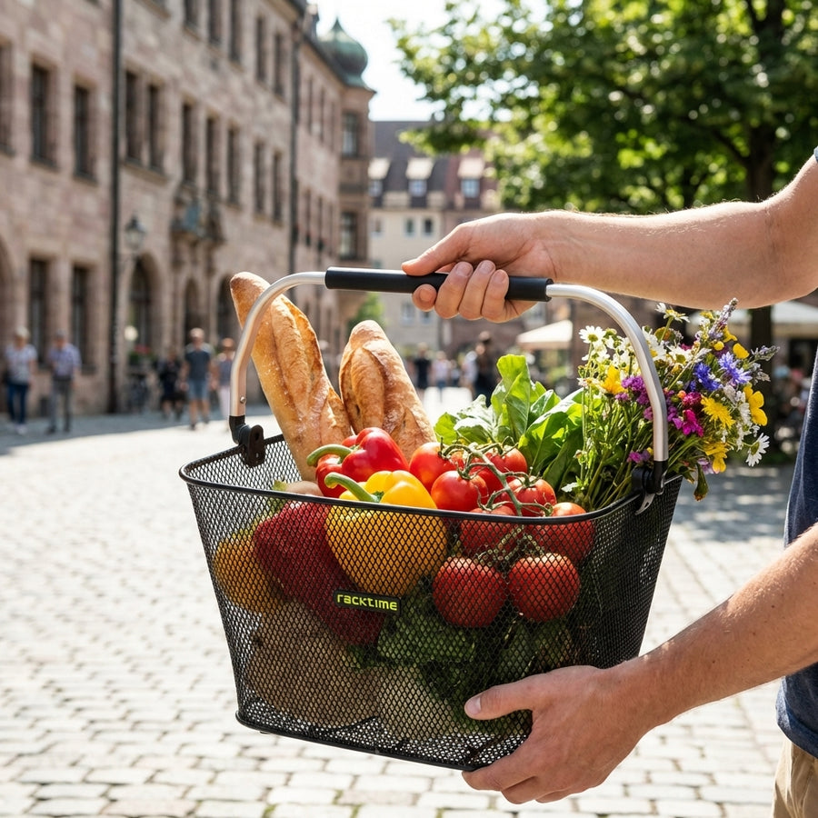 Racktime Bask-it Deluxe 2.0 Fahrradkorb, gefüllt mit frischem Gemüse, Brot und Blumen, wird in der Stadt getragen.