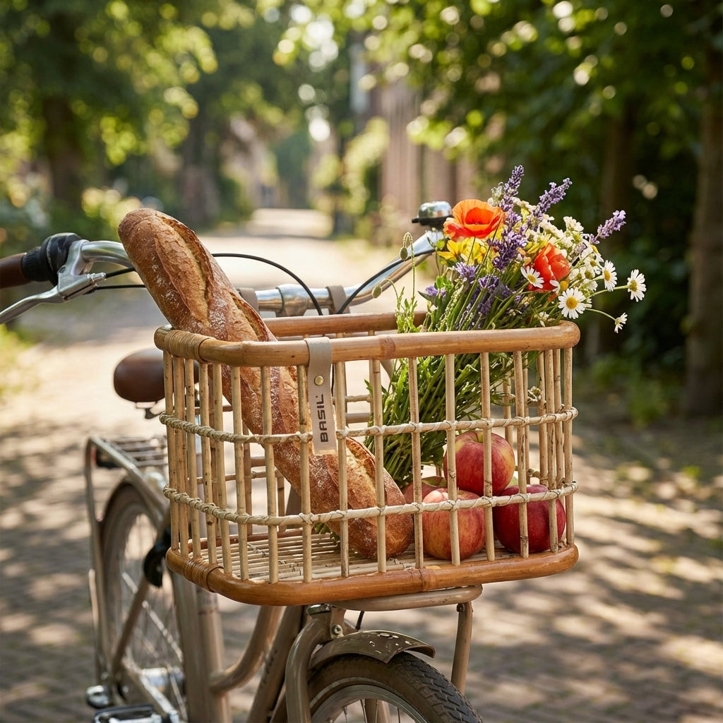 Basil Green Life Rattan Fahrradkorb natur braun mit Baguette, Blumen und Äpfeln am Fahrrad.