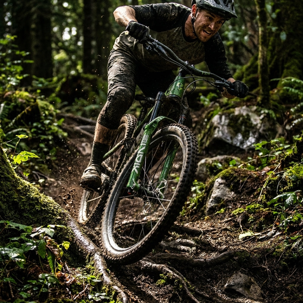 Mountainbiker fährt mit grüner RockShox Lyrik Ultimate Federgabel durch Schlamm auf wurzeligem Waldweg.