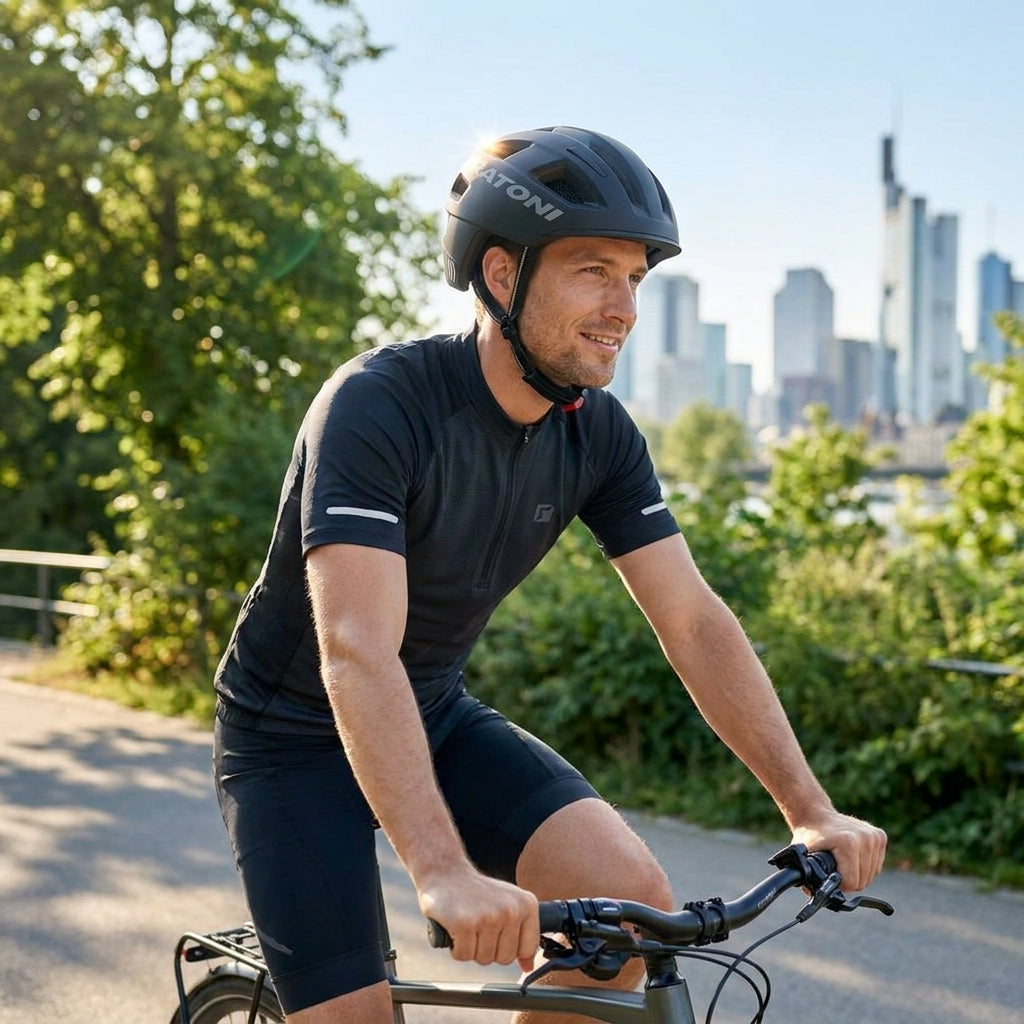 Mann trägt Cratoni Helm C-Pure City S/M 54-58cm schwarz matt beim Radfahren in der Stadt.