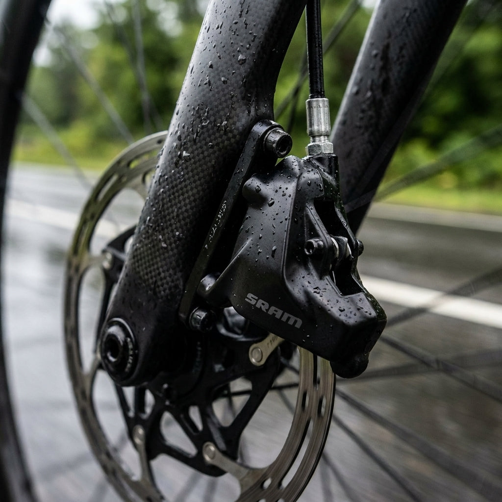 SRAM S900 Flat Mount Bremssattel, hydraulische Scheibenbremse am nassen Carbon-Fahrrad.