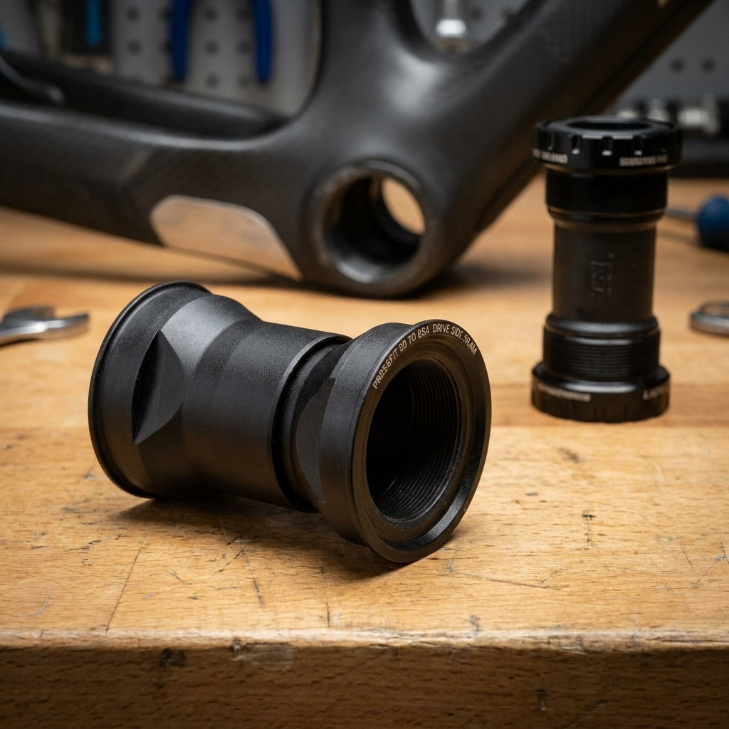 Truvativ Adapter Pressfit 30 zu BSA 68/73 mm zur Umrüstung auf BSA-Innenlager, auf Werkbank.