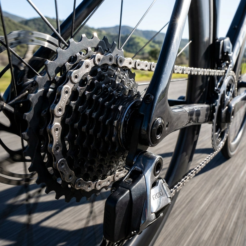 Ultraleichte SRAM PC RED AXS E1 Silber Rennradkette am Antrieb eines Fahrrads.