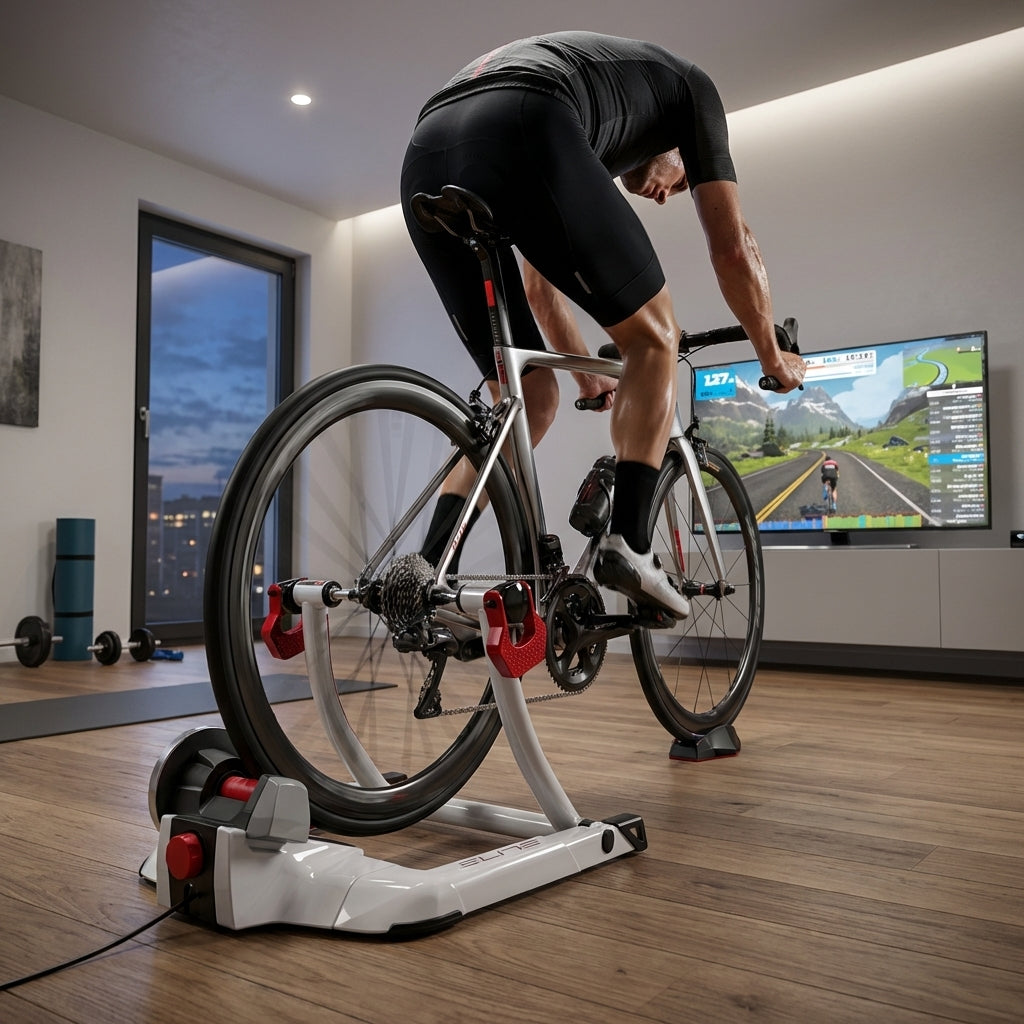 ELITE Qubo Power Smart B+ Rollentrainer: Radfahrer trainiert mit Bluetooth Heimtrainer für 20-29 Zoll vor TV.