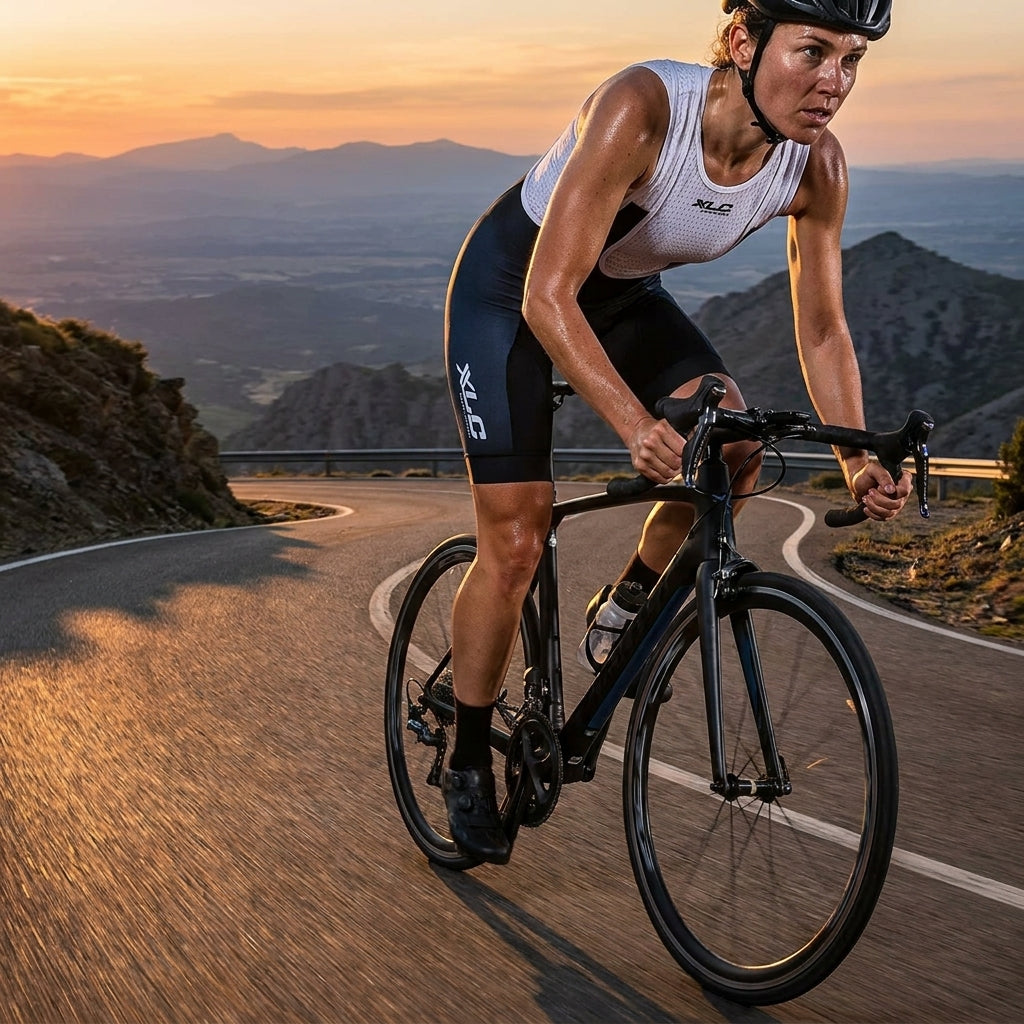 XLC Race Hose Damen Gr S an sportlicher Radfahrerin auf Rennrad bei Sonnenuntergang.