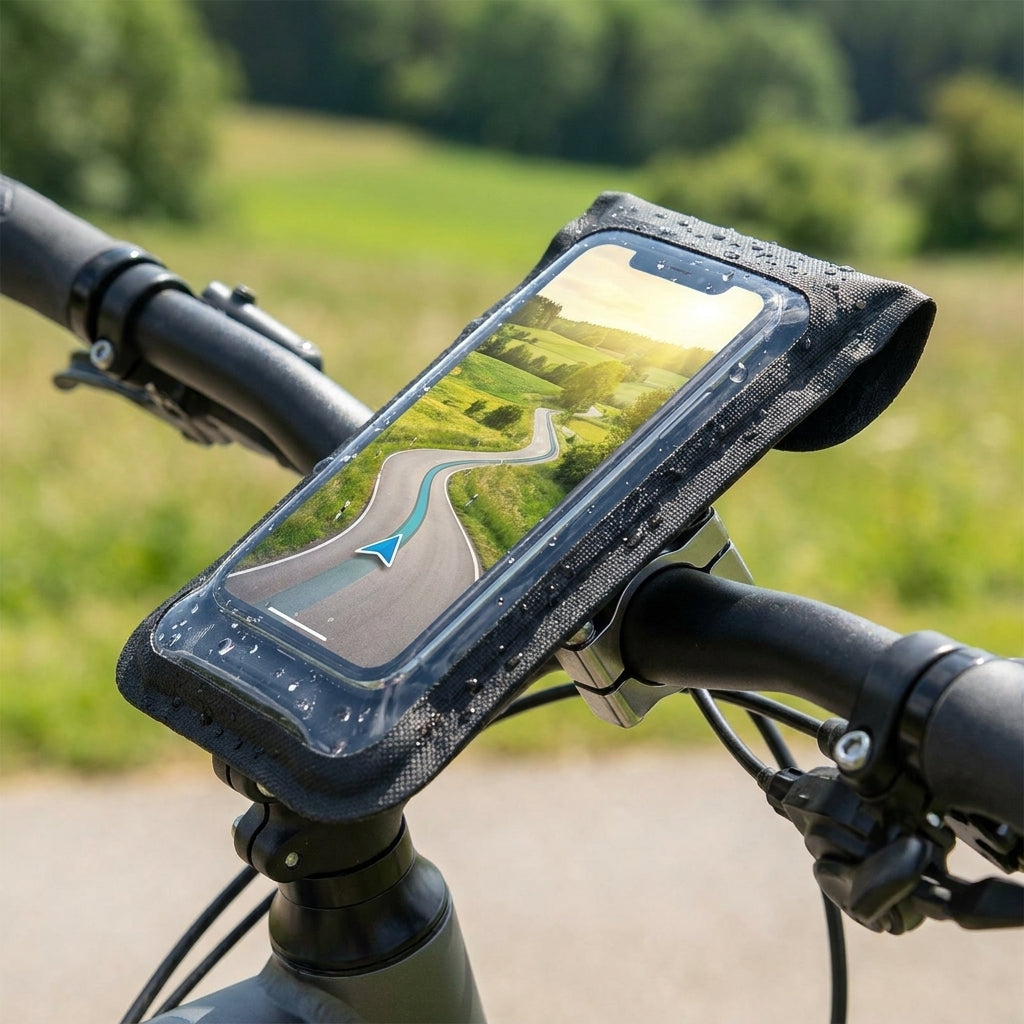 Wasserdichte KLICKfix Phone Bag Light S transparent schwarz am Fahrradlenker mit Handy-Navigation und Regentropfen.