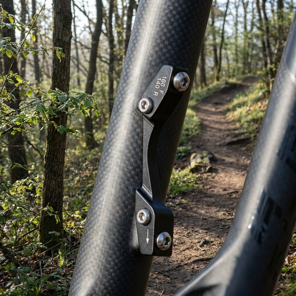 Avid Disc Adapter schwarz am Carbon-Mountainbike-Rahmen im Wald, 160mm vorne, 140mm hinten Bremsen.