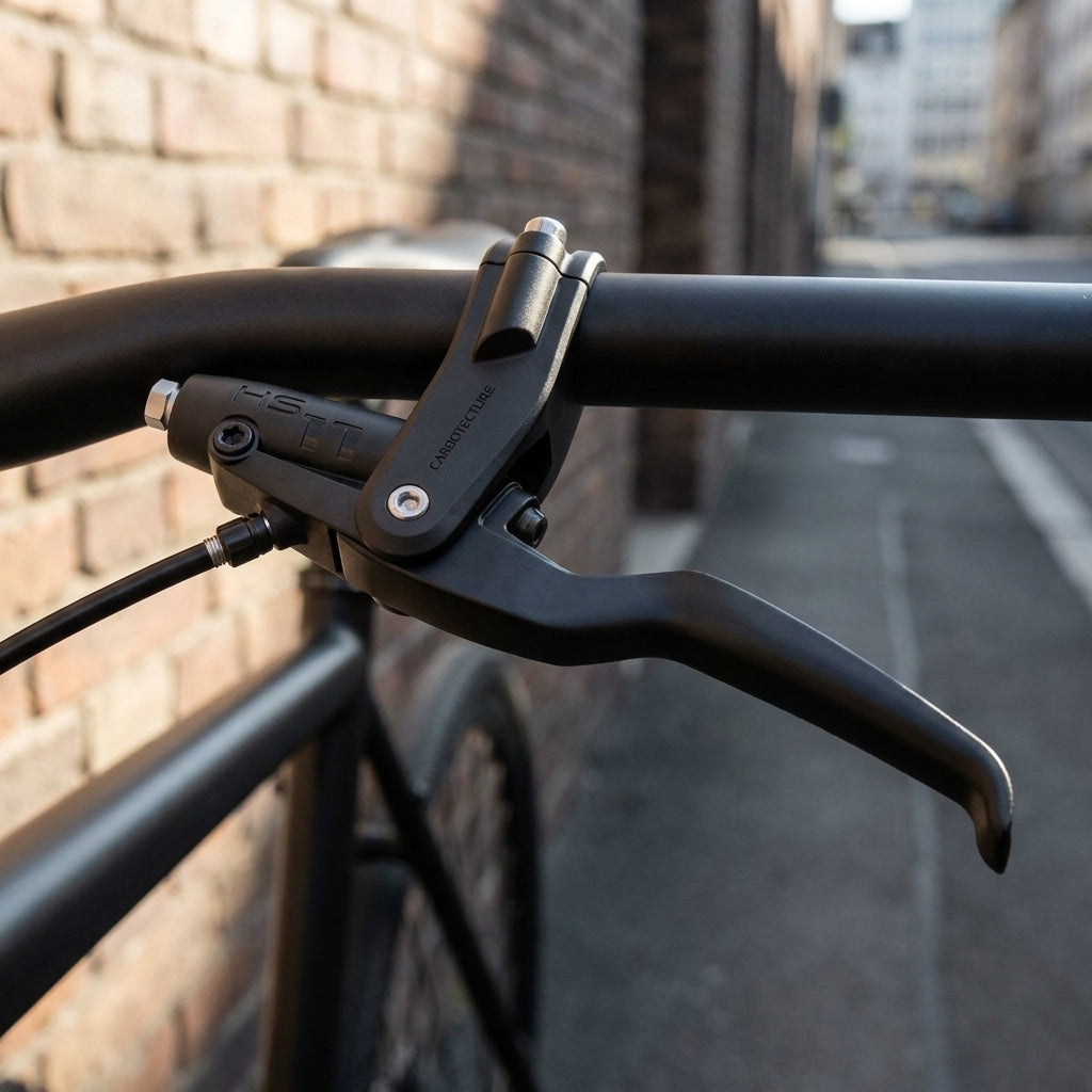 Schwarzer MAGURA HS11 Bremsgriff mit 3-Finger-Hebel und CARBOTECTURE am Fahrradlenker.