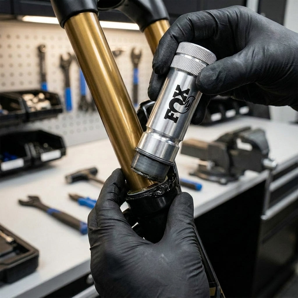 FOX Tooling für Federgabel Buchsen. Präzises Werkzeug für schonende Gabelwartung und Einbau von 3mm Spacern an FOX Gabeln.