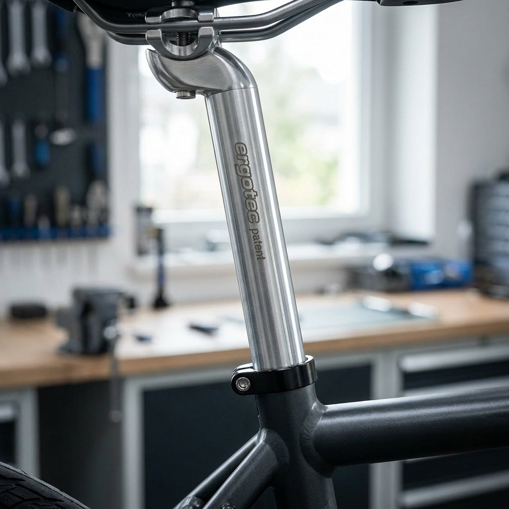 Ergotec Patentsattelstütze 27,2mm silber aus Aluminium im Fahrradrahmen montiert.
