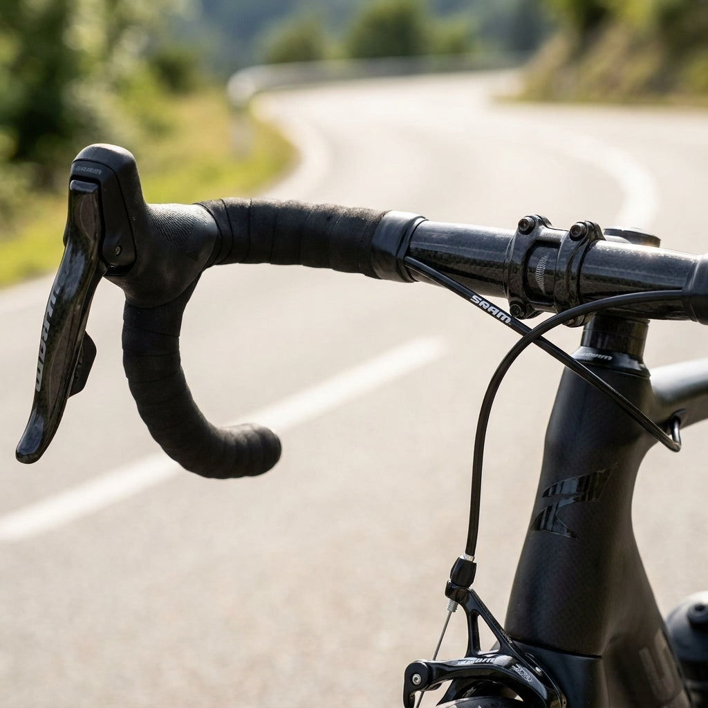 SRAM Bremskabel Kit Slickwire XL Standard am Rennrad-Lenker auf kurviger Straße. Präzise Bremsperformance.