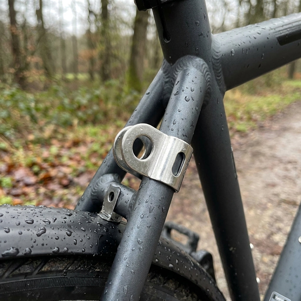 XLC Schutzblech Clip Inox am Fahrradrahmen montiert. Nasse Detailansicht mit Wassertropfen auf mattem Lack.