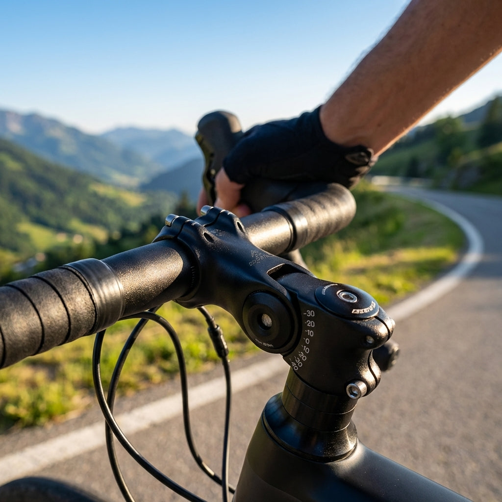 Merida EXPERT CT Vorbau 110mm schwarz, winkelverstellbar für 31,8mm Lenker, auf Fahrrad in Berglandschaft.