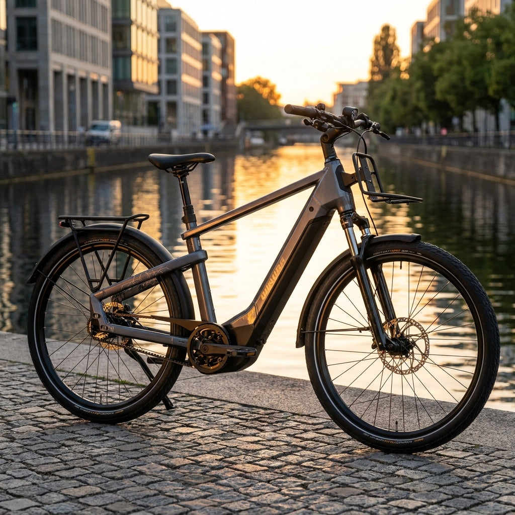 Winora YAKUN R5 PRO E-Bike, dunkelgrau, mit tiefem Einstieg und Gepäckträgern, am Kanal in Stadt bei Sonnenuntergang.