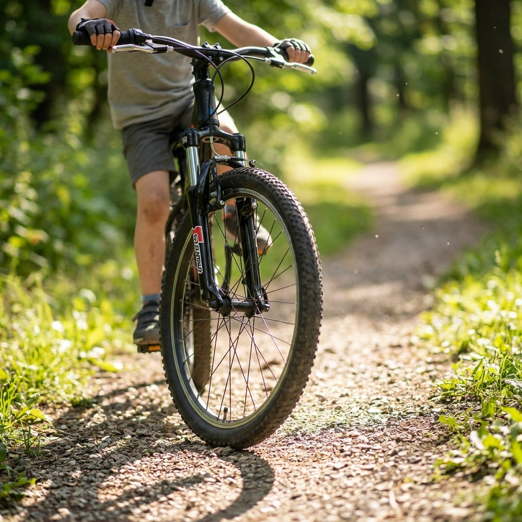 SR SF15 M3010 24" Federgabel schwarz am Mountainbike auf Schotterweg im Wald.