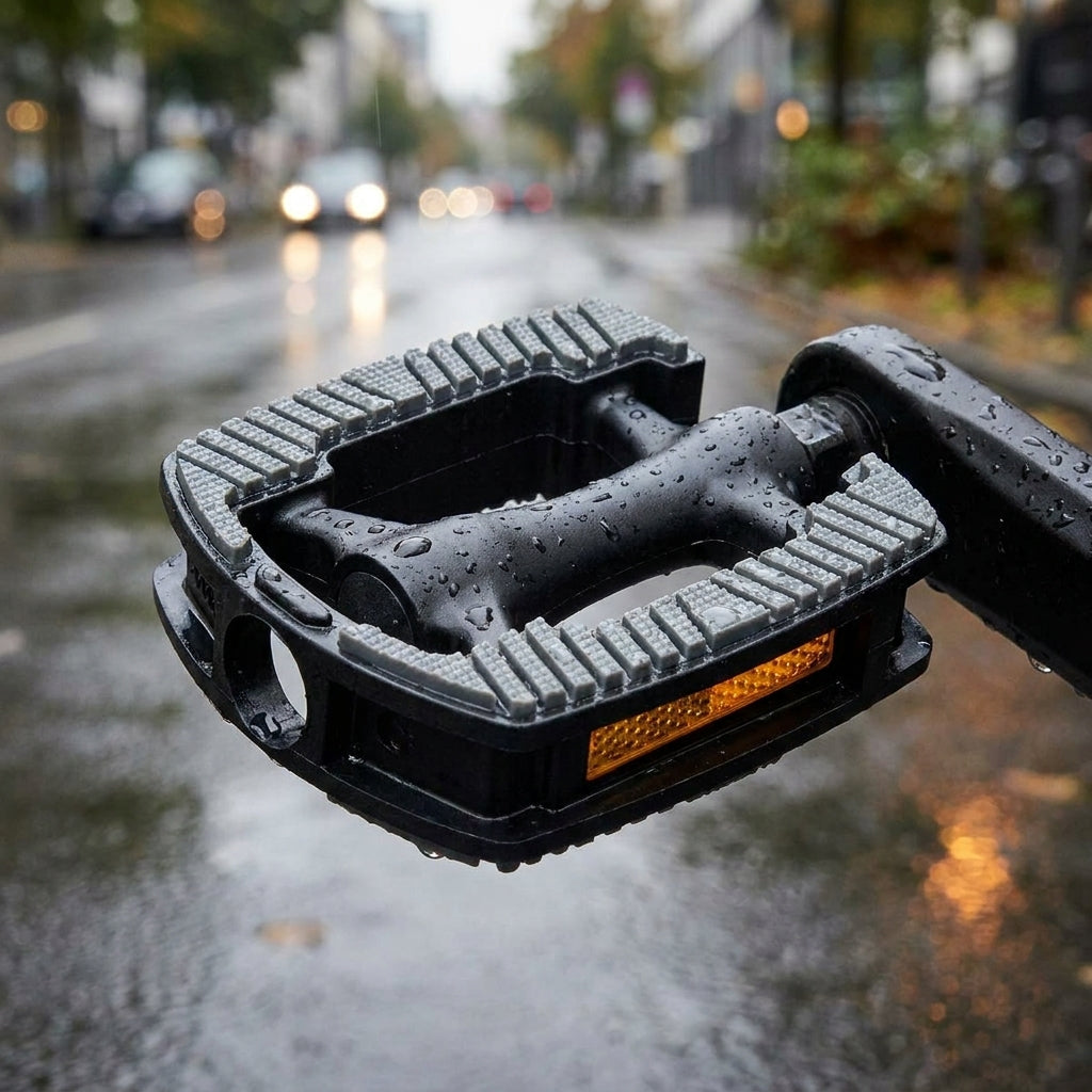 Marwi SP-820 Trekking E-Bike Plattformpedale schwarz mit Antirutsch und Reflektoren im Regen auf der Straße.