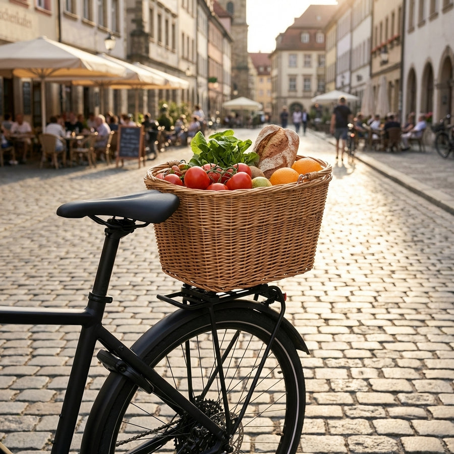 Racktime System Adapter Snapit 2.0 am Fahrrad-Gepäckträger mit gefülltem Einkaufskorb in belebter Stadt.