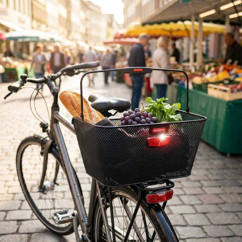 Klickfix City Gepäckträgerkorb am Fahrrad mit Brot, Trauben, Salat auf belebtem Markt.