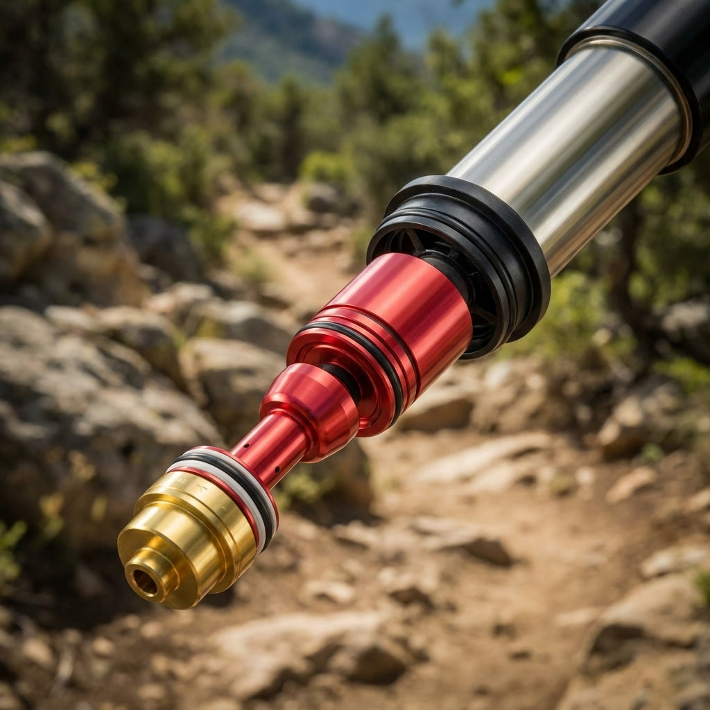 Rockshox DebonAir+ Butter Cup Air Spring Upgrade Kit für Lyrik D1+ Federgabel, rote und goldene Komponenten auf Trail-Hinterg