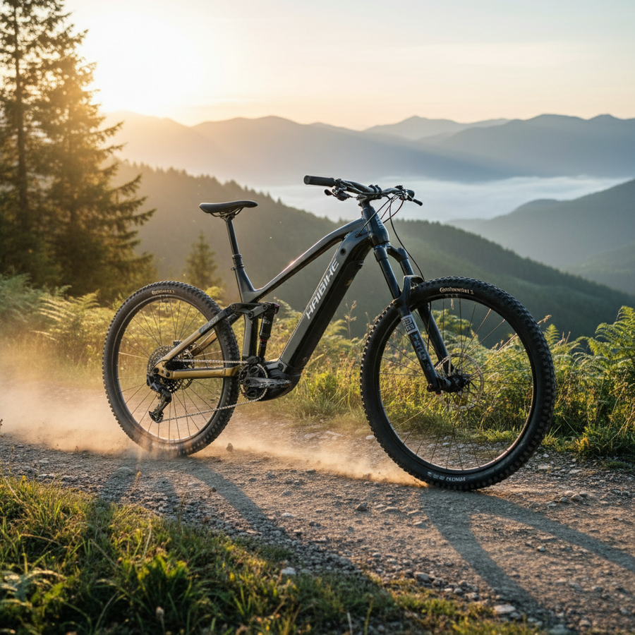 Haibike ALLTRAIL 10 29 E-MTB in schwarz-gold auf staubigem Trail mit Sonnenuntergang und Bergpanorama.