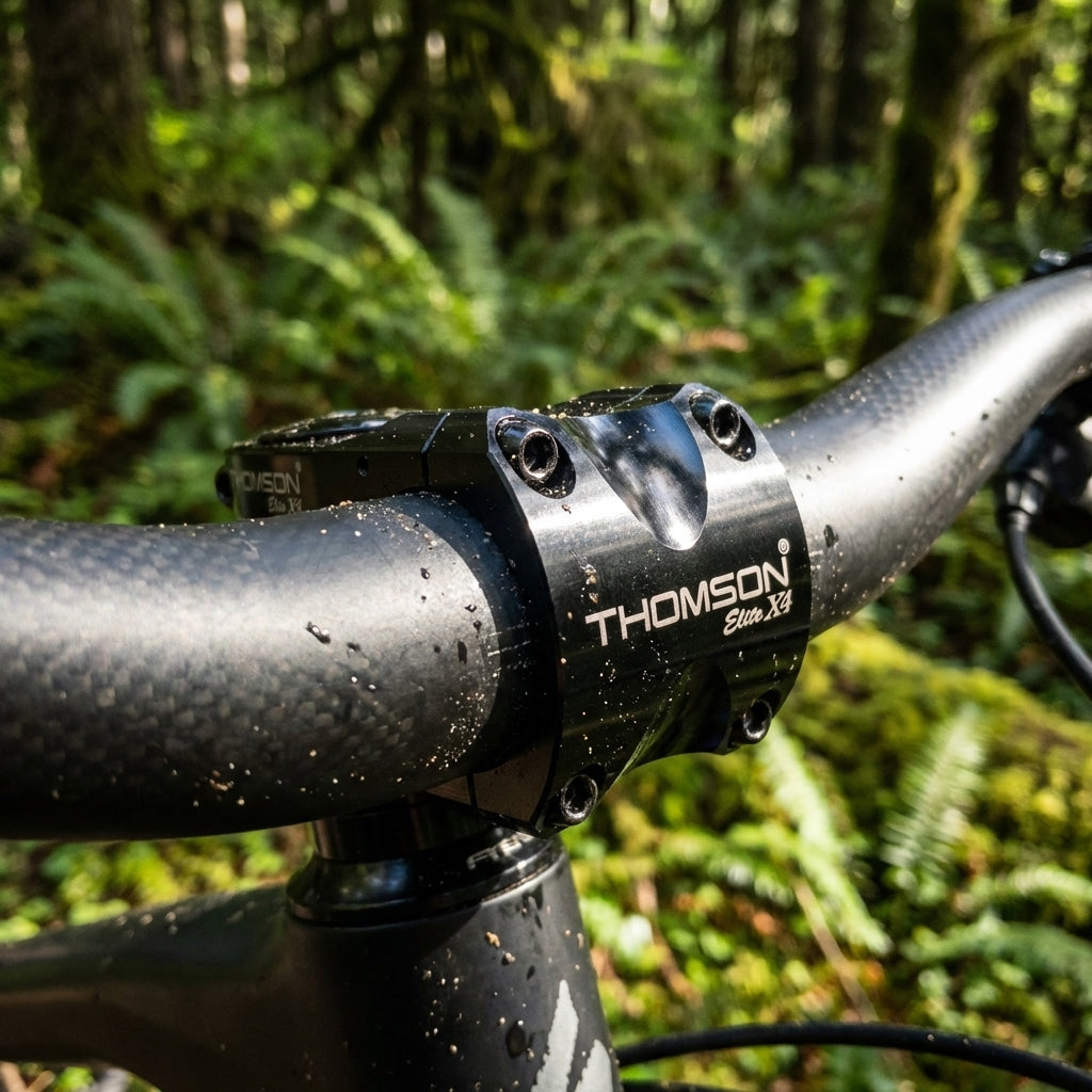 Schwarzer Thomson Elite X4 Vorbau an Mountainbike-Lenker im Wald, leicht verschmutzt.