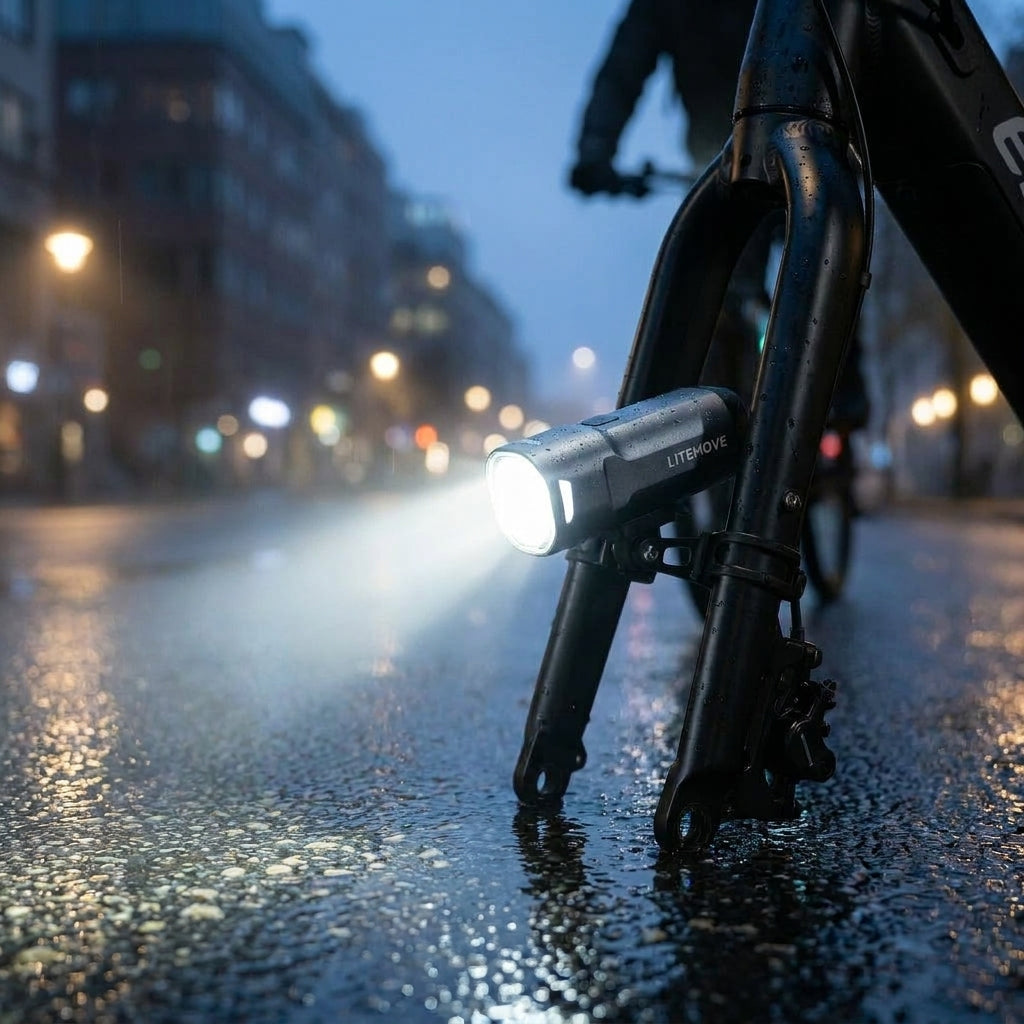 LITEMOVE SEC-150 E-Bike Frontlicht Gabelhalterung. 150 Lux Scheinwerfer für maximale Sicherheit und helle, gleichmäßige Ausleuchtung.