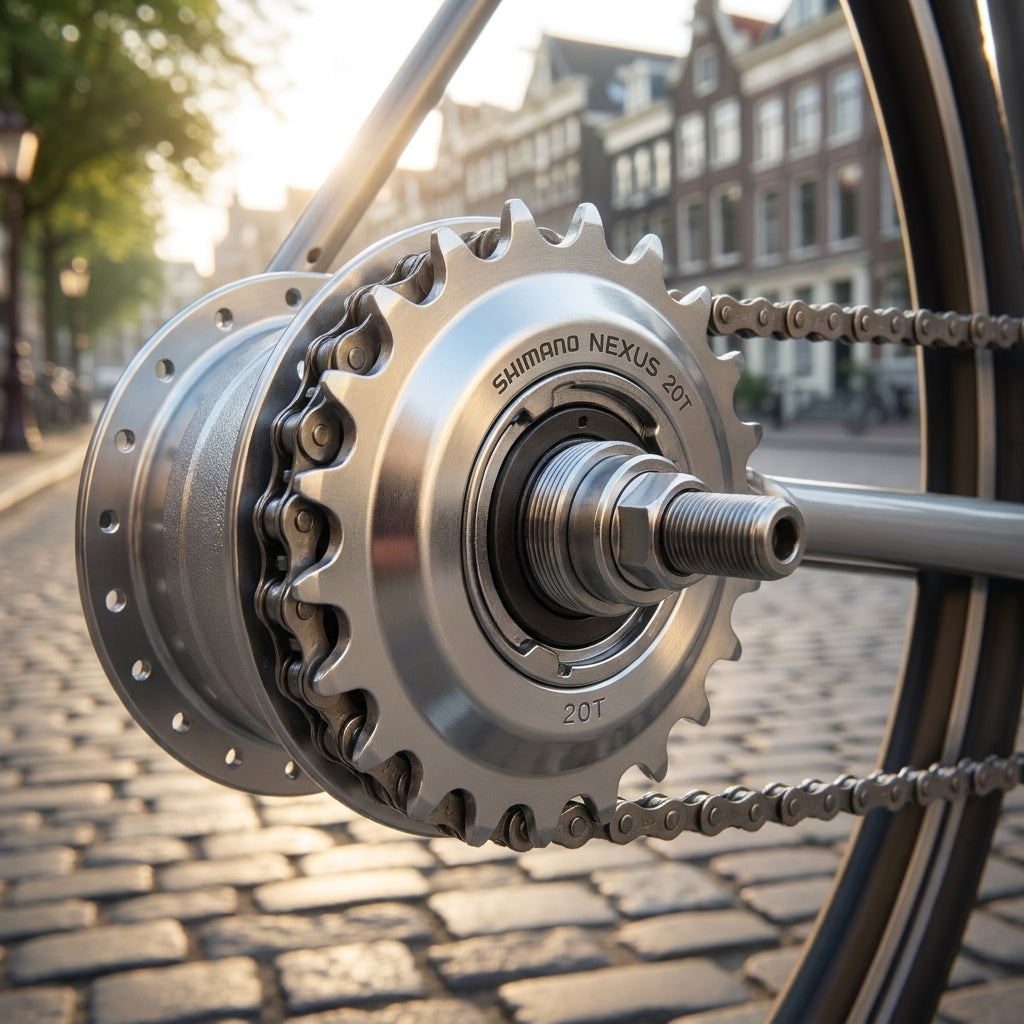 SHIMANO NEXUS 20T silbernes Ritzel für Nabenschaltungen, Fahrradkette auf Kopfsteinpflaster.