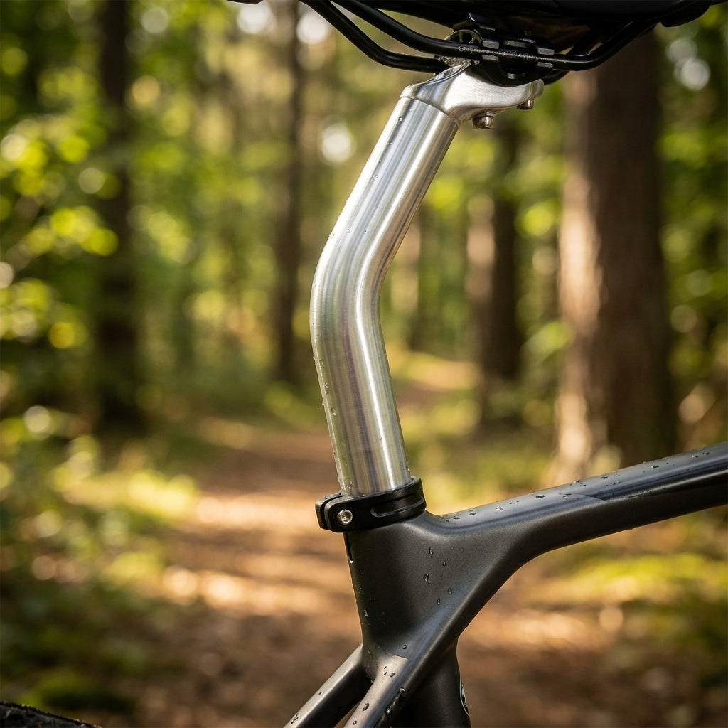 XLC Sattelstütze SP-R07 silber, glänzend, mit Wassertropfen auf schwarzem Mountainbike im Wald.