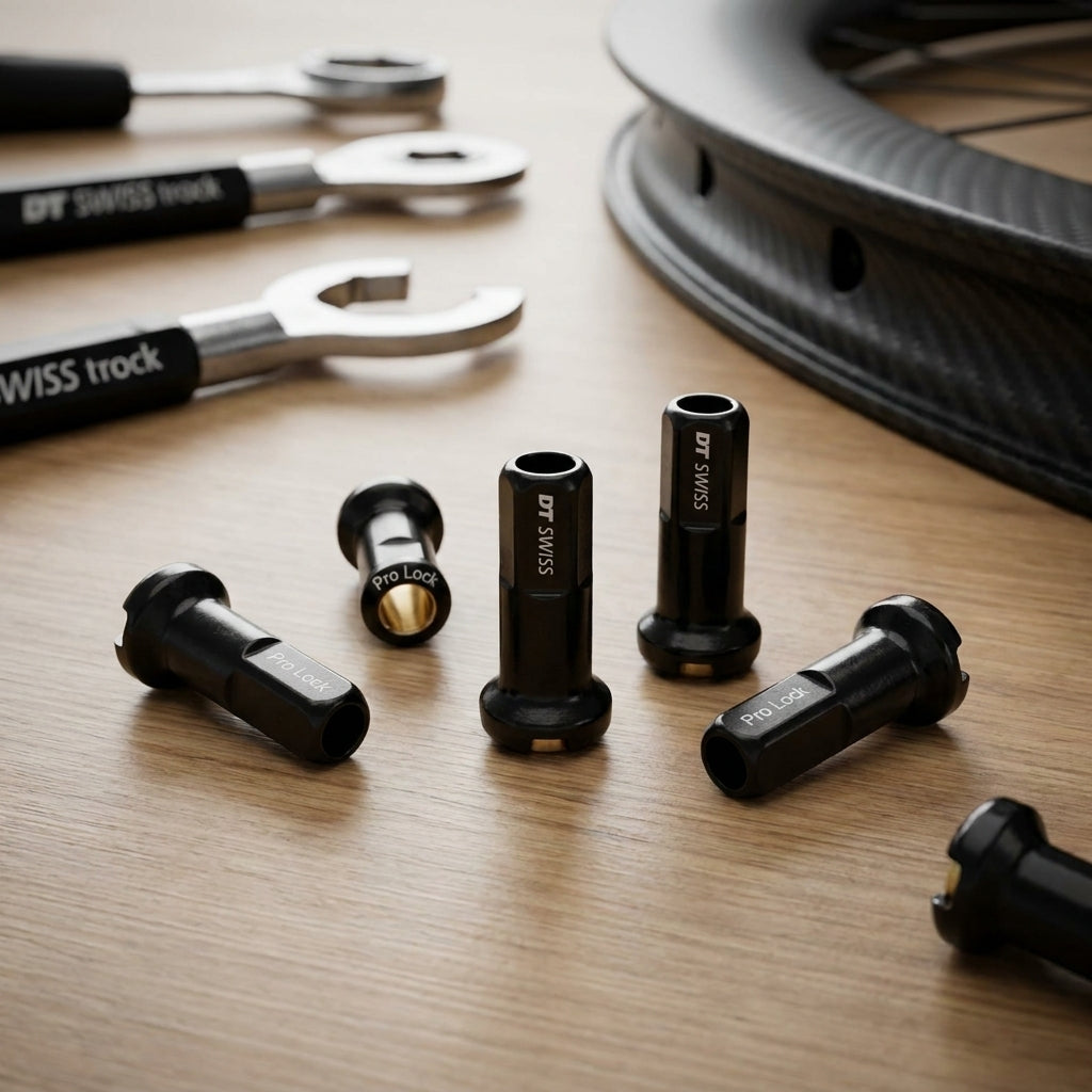 DT SWISS Pro Lock Fahrradnippel in Schwarz mit Werkzeugen und Carbonfelge auf Holztisch.