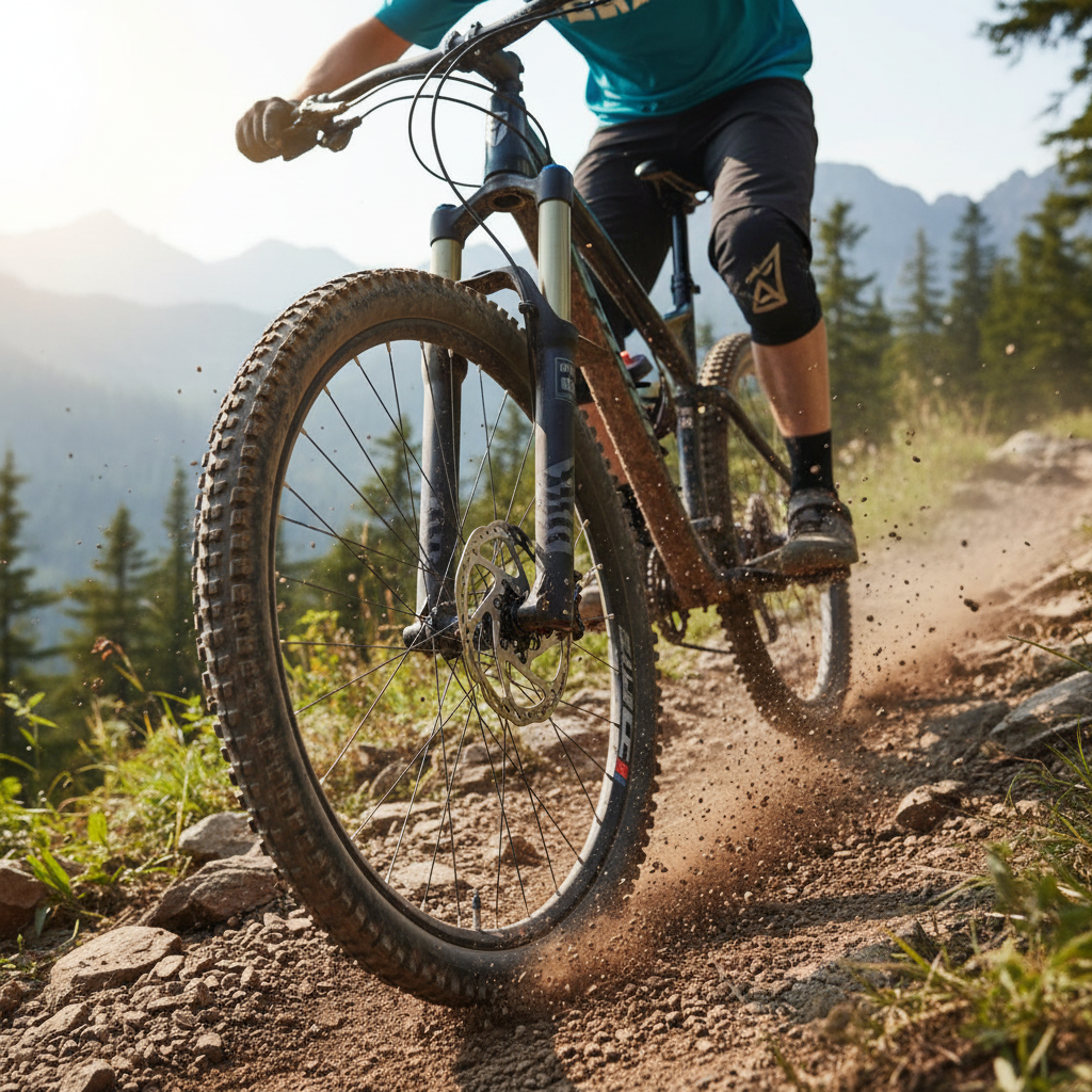 SHIMANO K04TI-MX Titanträger Scheibenbremsbelag am Mountainbike in Aktion auf dem Trail.