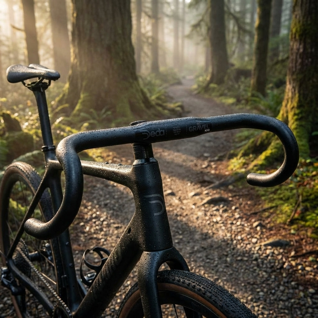 Deda Lenker Gravel 100 RHM 400 mm black on black an nassem Gravelbike auf nebligem Waldweg im Wald.